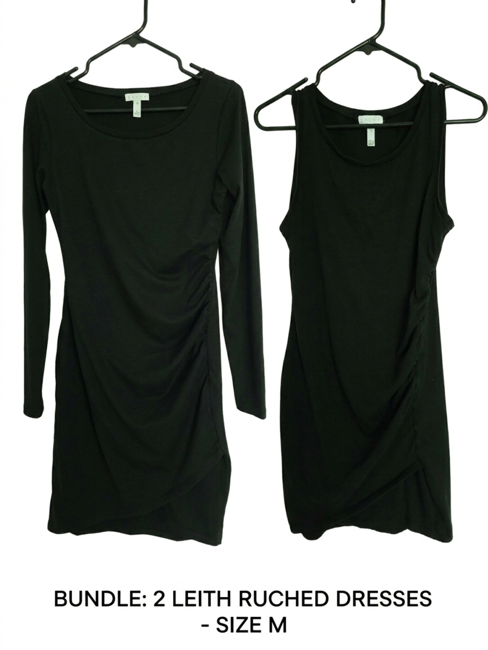 Leith Bundle: (2) Black Bodycon Ruched Mini Stretchy Dresses - Size M LBD Casual
